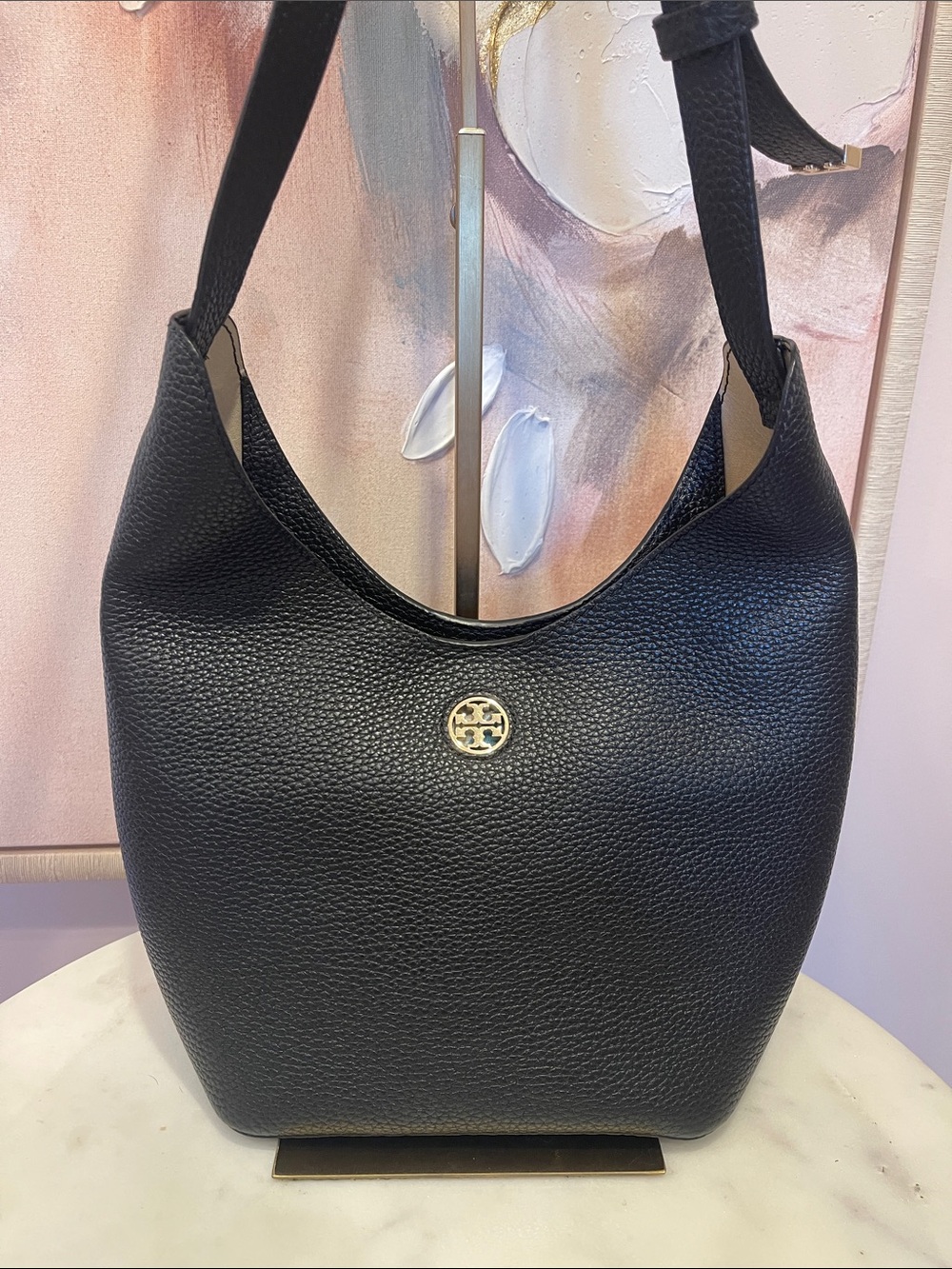 Tory Burch Black Pebbled Leather Shoulder Hobo Crossbody with Gold Logo